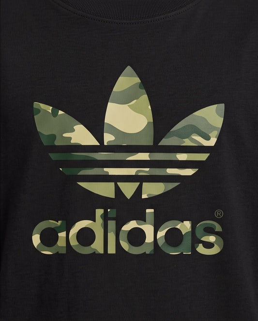 Camiseta Niño Adidas Trébol Camuflado Negra Semi Oversize