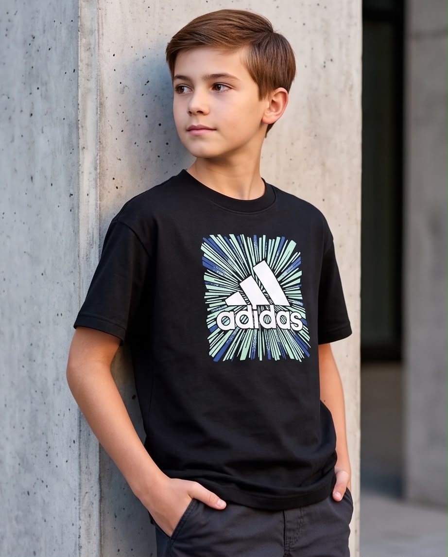 Camiseta Niño Adidas Líneas Radiales Negra Semi Oversize