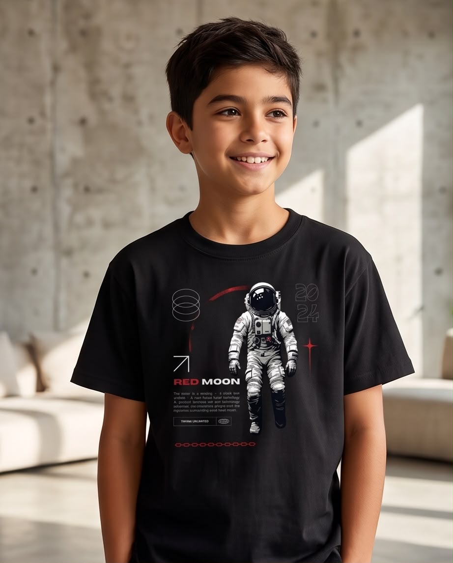 Camiseta Niño Red Moon Astronauta Negra Semi Oversize