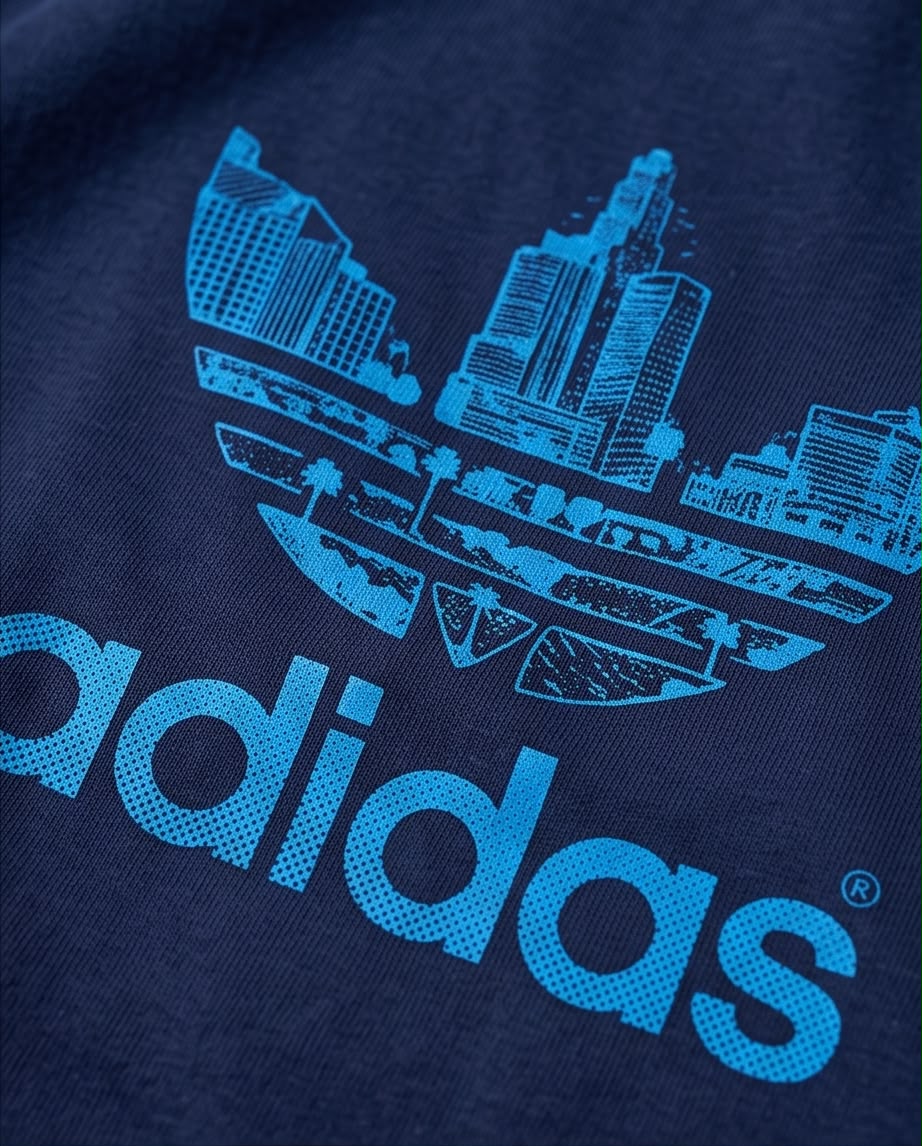 Camiseta Adidas Los Ángeles Azul Navy, modelo sentada