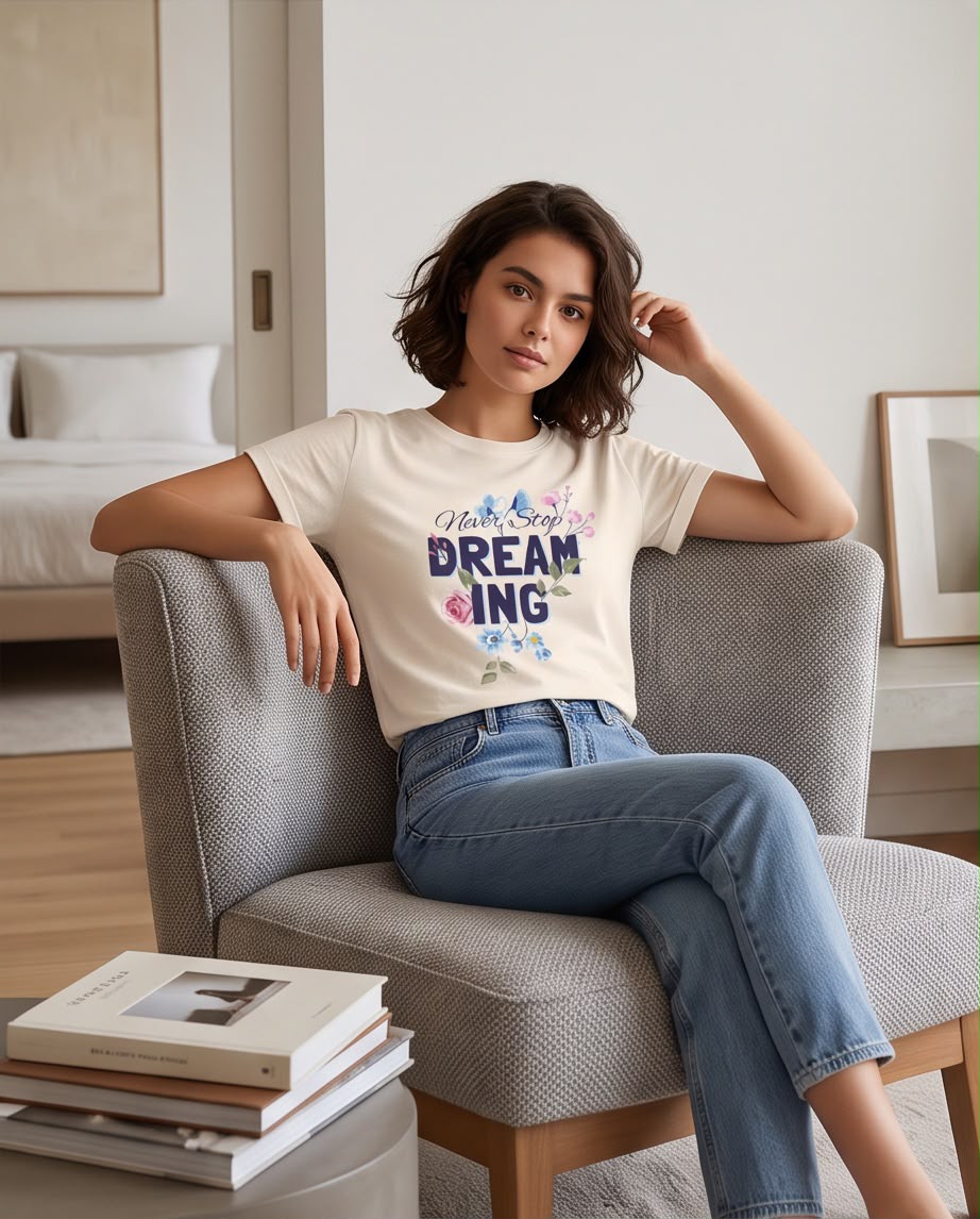 Camiseta Never Stop Dreaming Vainilla, modelo sentada