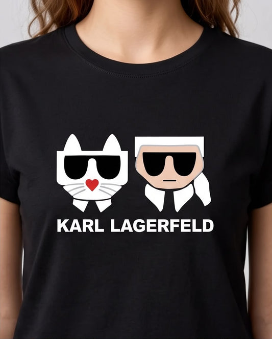 Camiseta Karl Lagerfeld Dúo Retrato y Gato con Gafas Negra, vista frontal