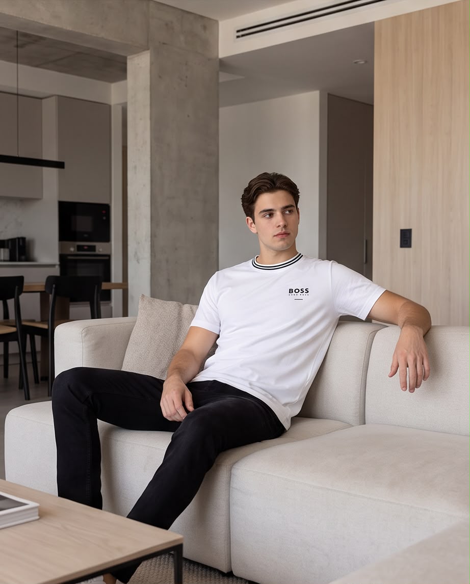Camiseta blanca BOSS en look casual con pantalón negro