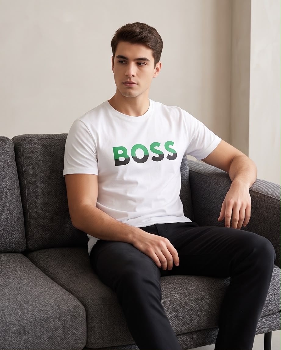 Camiseta Blanca BOSS Letras Verde y Negro Regular Fit