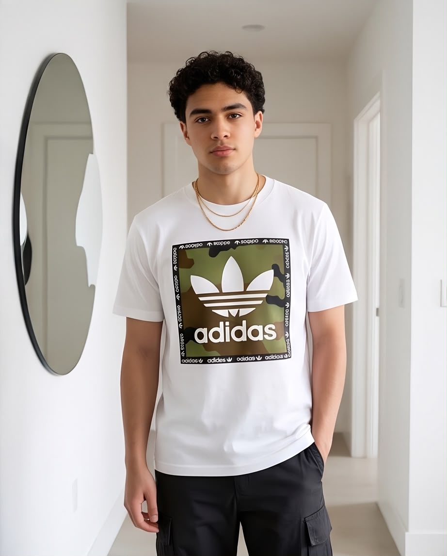 Camiseta Blanca adidas Camuflada con Borde de Logos Regular Fit