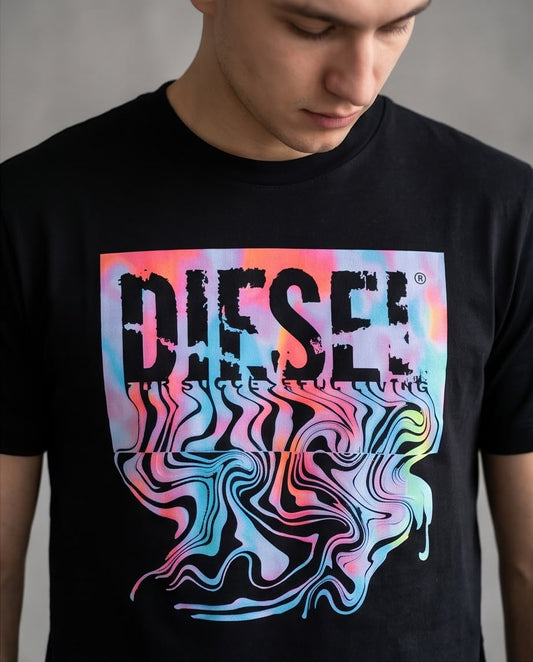 Camiseta Negra DIESEL Ondas Multicolor Regular Fit