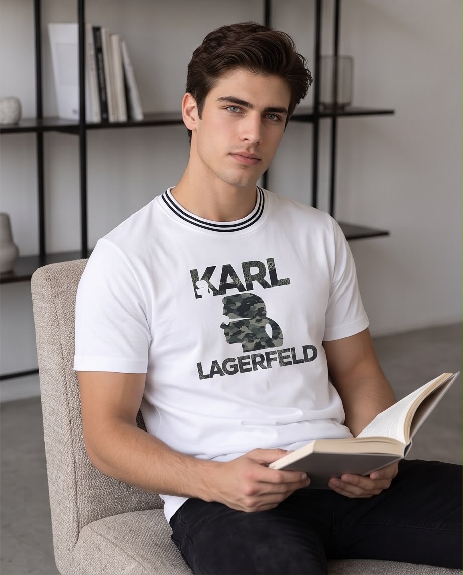 Camiseta Blanca KARL LAGERFELD Camuflada Cuello Rayado Regular Fit