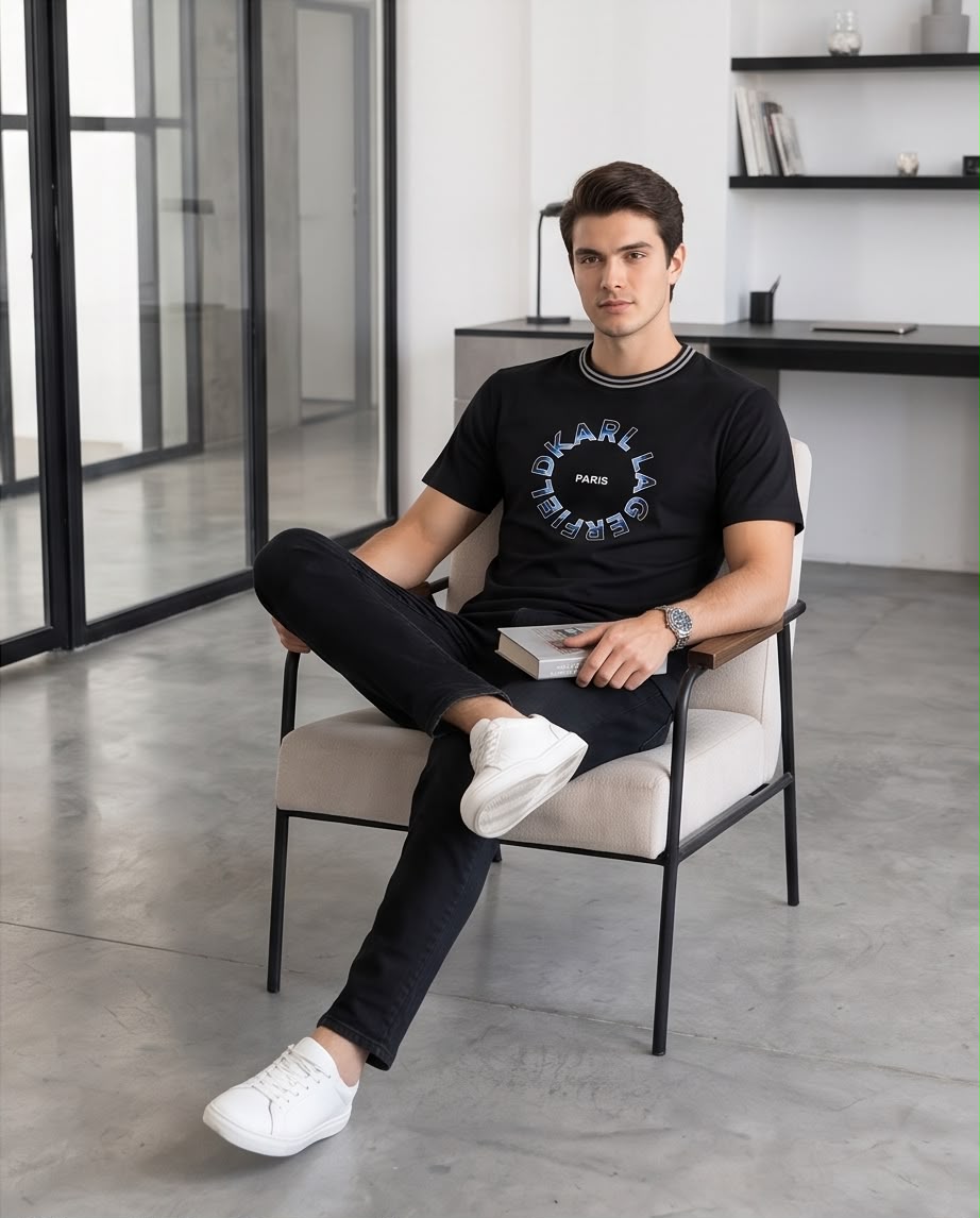 Camiseta Negra KARL LAGERFELD Letras Circulares Azules Cuello Rayado Regular Fit