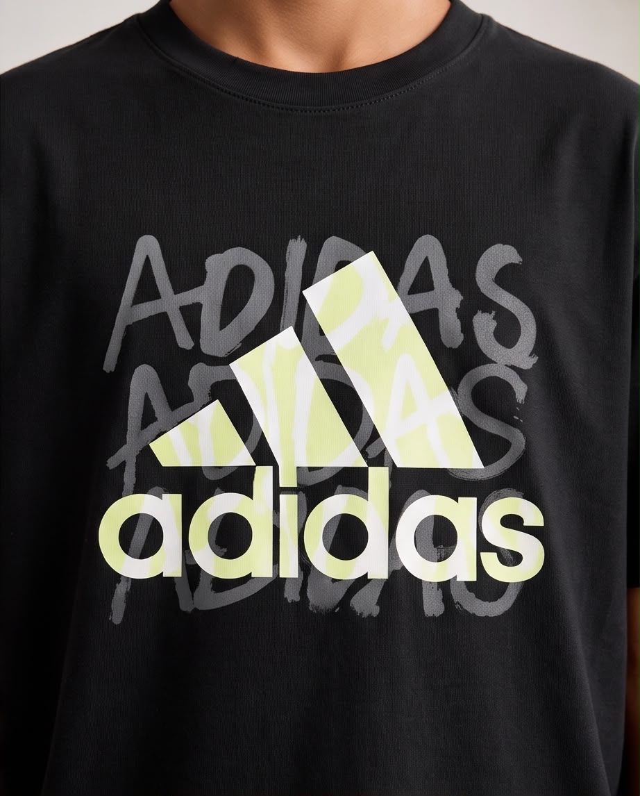 Camiseta Niño adidas Logo Amarillo Claro Fondo Letras Grises Negra Semi Oversize