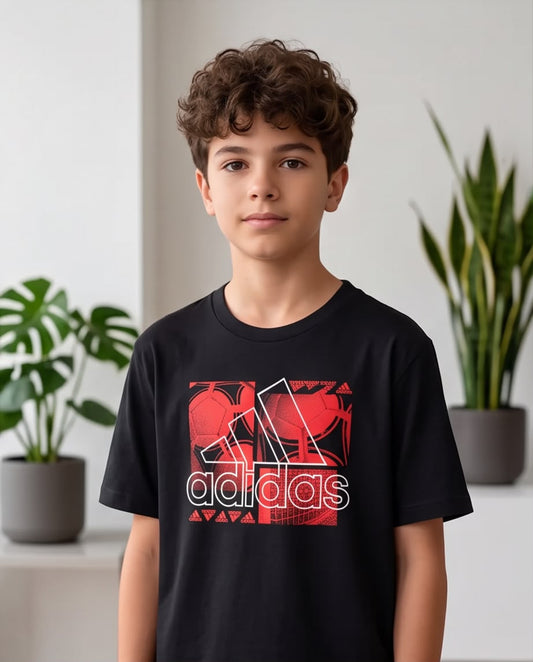 Camiseta Niño adidas Balones Rojos Logo Contorno Blanco Negra Semi Oversize