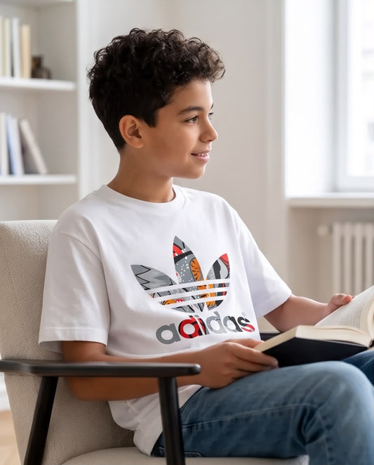 Camiseta Niño adidas Trébol Gráfico Gris Rojo y Naranja Blanca Semi Oversize