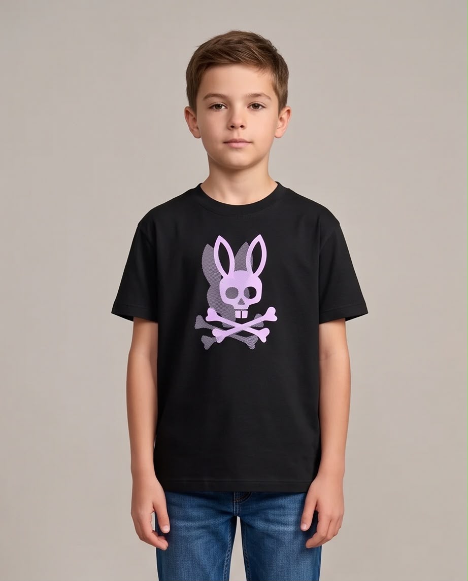 Camiseta Niño Psycho Bunny Calavera Lila Sombra Punteada Negra Semi Oversize