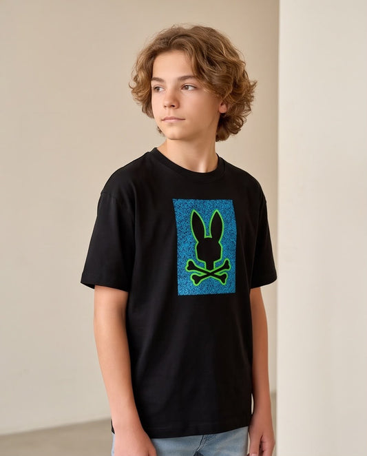 Camiseta Niño Psycho Bunny Contorno Verde Recuadro Azul Negra Semi Oversize