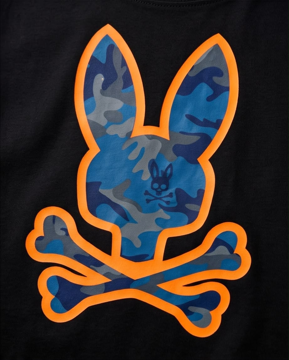 Camiseta Niño Psycho Bunny Camuflado Azul Contorno Naranja Negra Semi Oversize