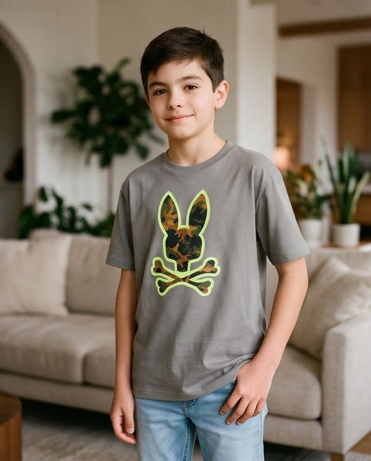 Camiseta Niño Psycho Bunny Camuflado Contorno Verde Lima Verde Cromo Semi Oversize