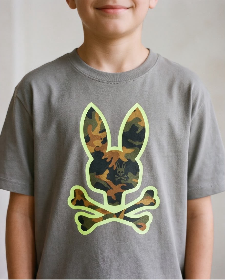 Camiseta Niño Psycho Bunny Camuflado Contorno Verde Lima Verde Cromo Semi Oversize