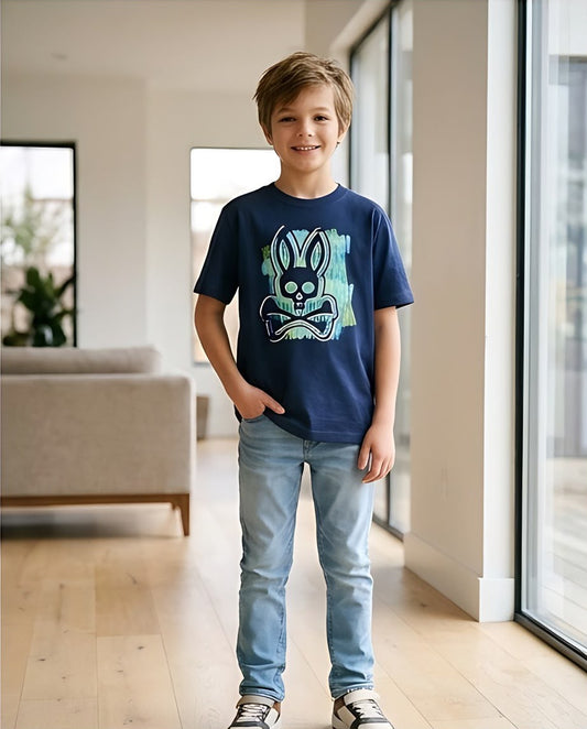 Camiseta Niño Psycho Bunny Pinceladas Verdes y Azules Azul Navy Semi Oversize