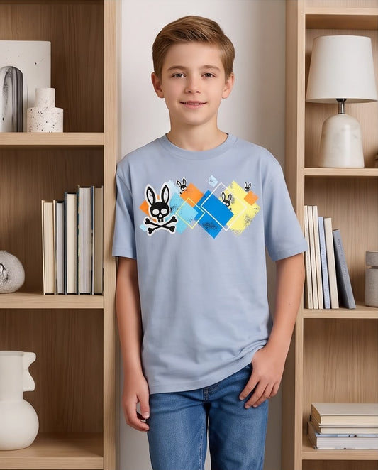 Camiseta Niño Psycho Bunny Calaveras y Rombos Multicolor Azul Cielo Semi Oversize