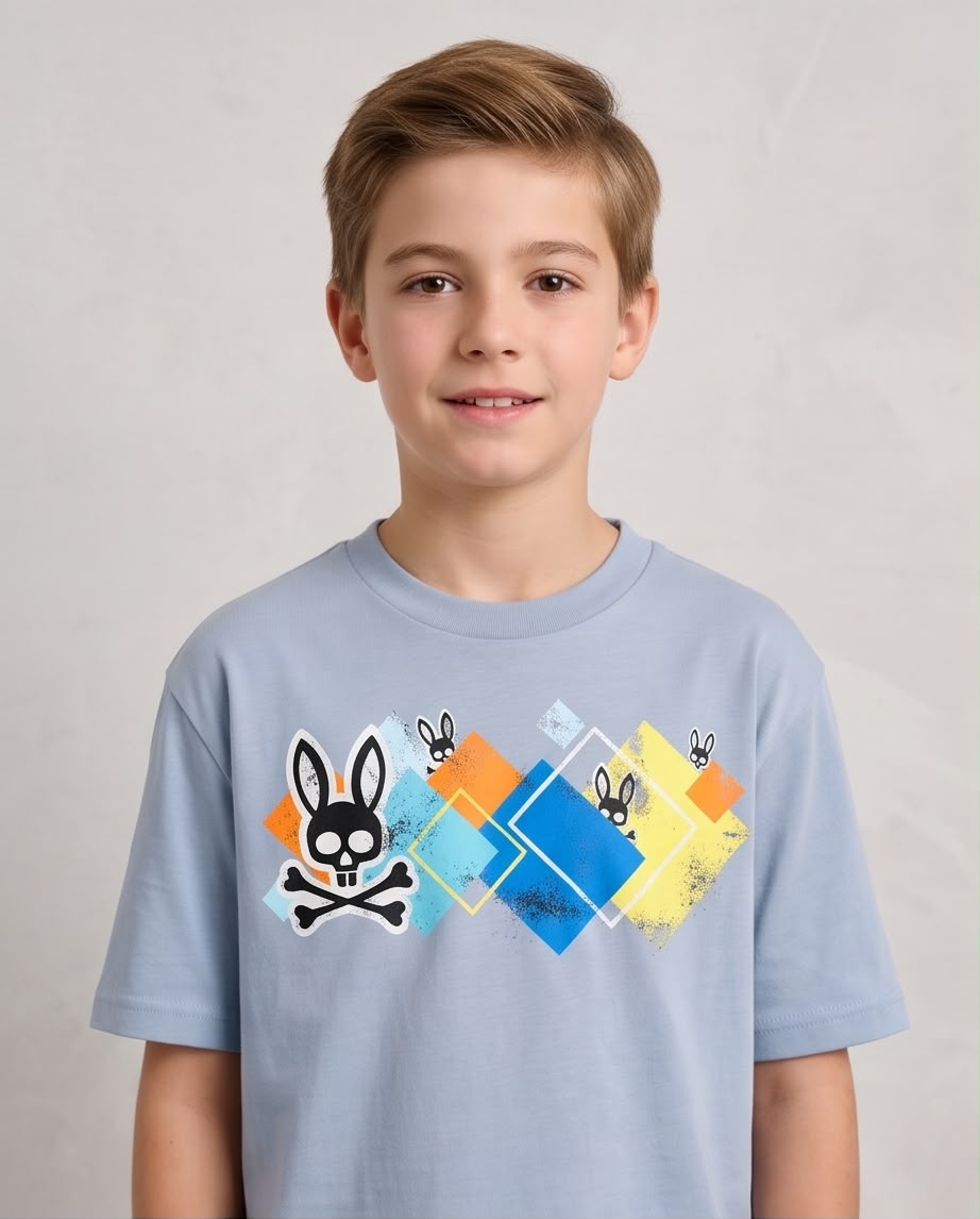 Camiseta Niño Psycho Bunny Calaveras y Rombos Multicolor Azul Cielo Semi Oversize
