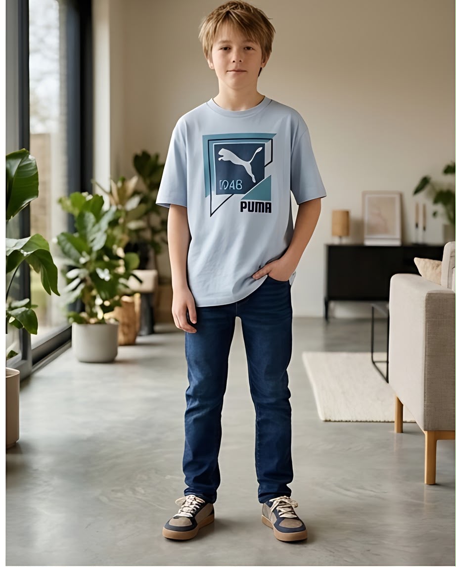 Camiseta Niño Puma 1948 Geométrica Azul Cielo Semi Oversize