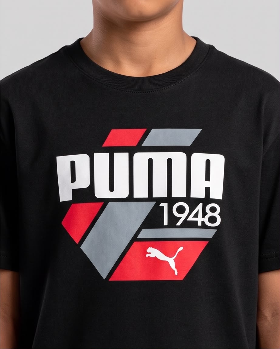 Camiseta Niño Puma 1948 Geométrica Roja y Gris Negra Semi Oversize