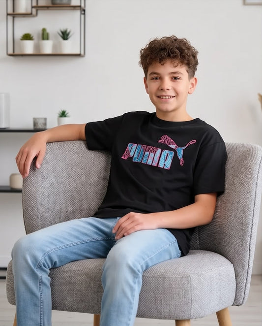 Camiseta Niño Puma Hojas Turquesa Contorno Rosa Negra Semi Oversize