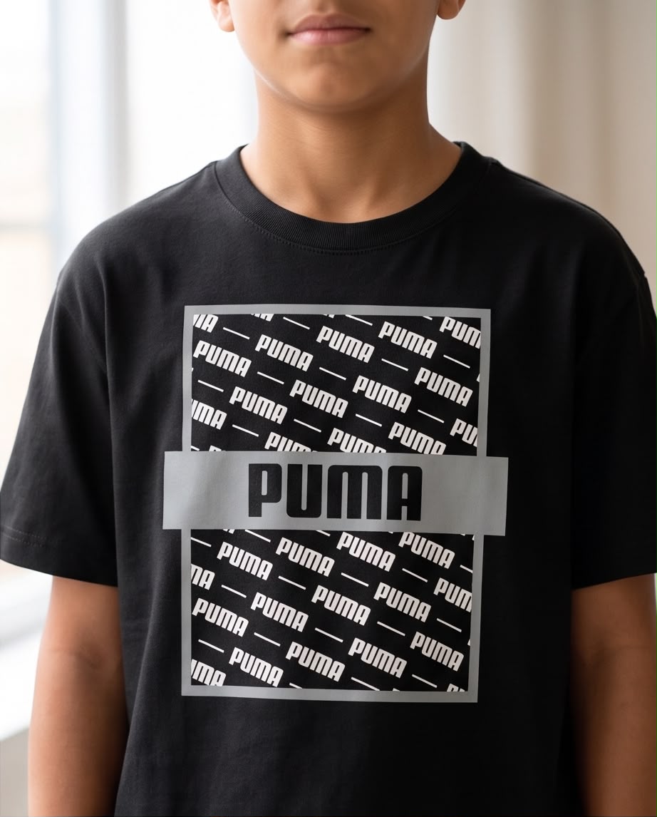 Camiseta Niño Puma Monograma Blanco Franja Gris Negra Semi Oversize