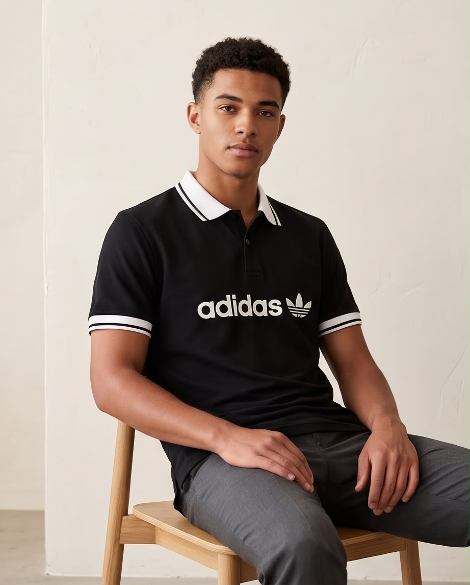 Camiseta Tipo Polo Negra adidas Trébol Blanco Cuello y Puños Blancos Regular Fit