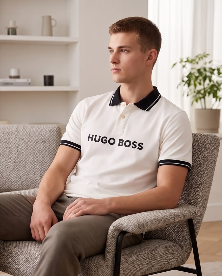Camiseta Tipo Polo Marfil HUGO BOSS Cuello y Puños Negros Regular Fit