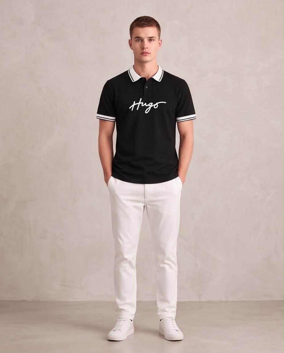 Camiseta Tipo Polo Negra HUGO Firma Blanca Cuello y Puños Blancos Regular Fit