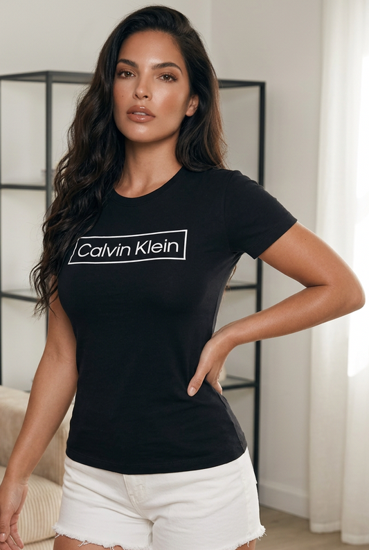 Camiseta Calvin Klein Logo Caja Blanco Negra Mujer - Manga Corta Tela Fría