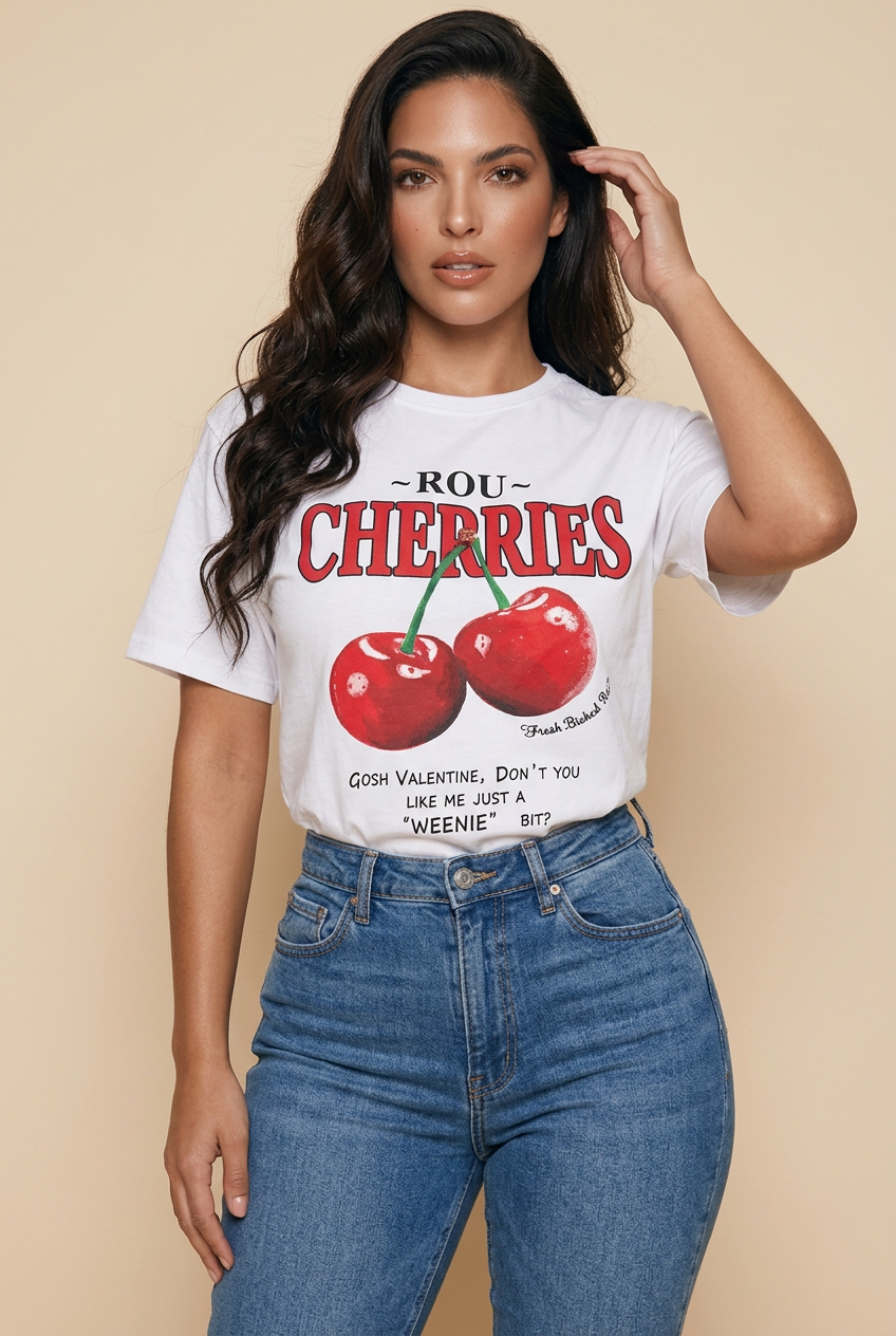 Camiseta Cherries Rou Social Club Cerezas Rojo Blanca Mujer - Manga Corta Tela Fría