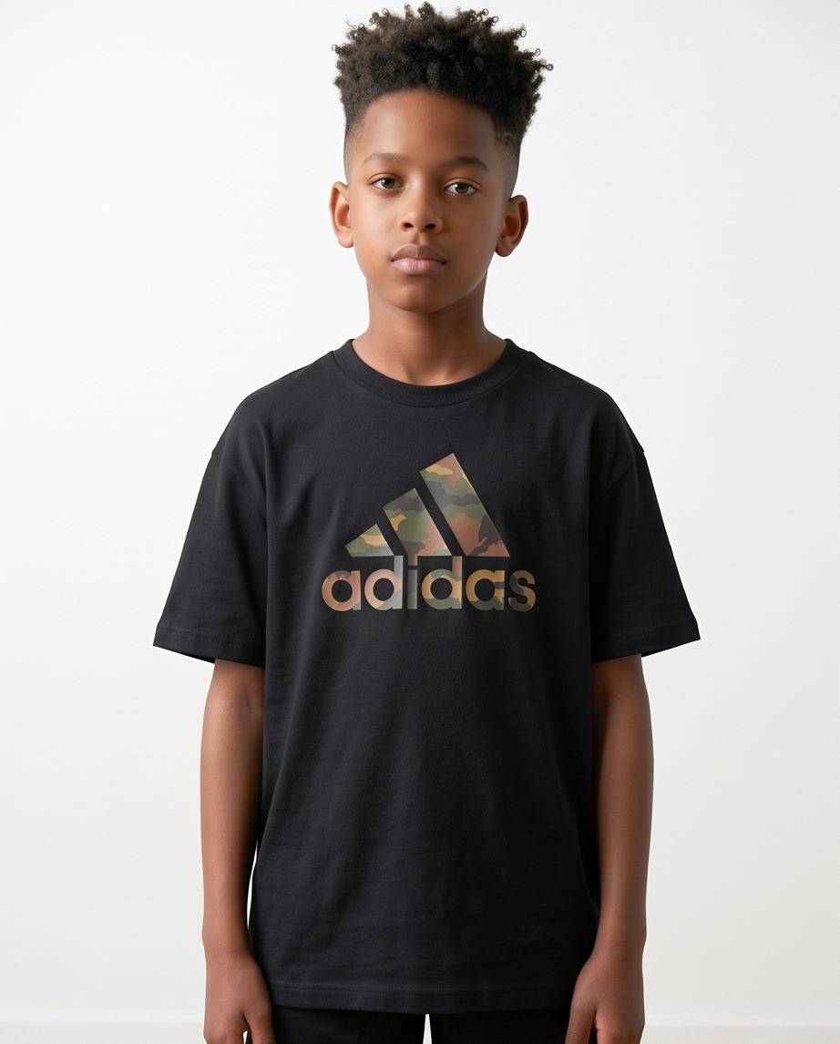 Camiseta Adidas Logo Camuflado Dorado Negra - Niños Oversize
