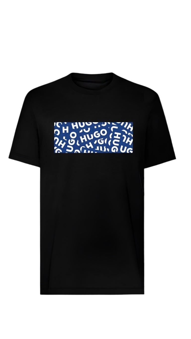 Camiseta Hugo Boss Recuadro Logo Repetido Azul Negra Hombre - Manga Corta Algodón