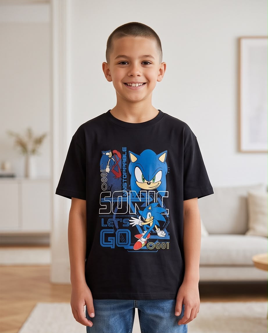 Camiseta Sonic Unstoppable Lets Go Negra - Niños Oversize