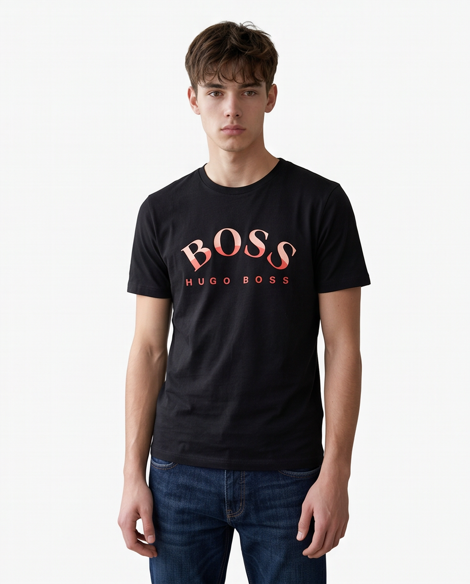 Camiseta Hugo Boss Logo Rojo Coral Negra Hombre - Manga Corta Algodón