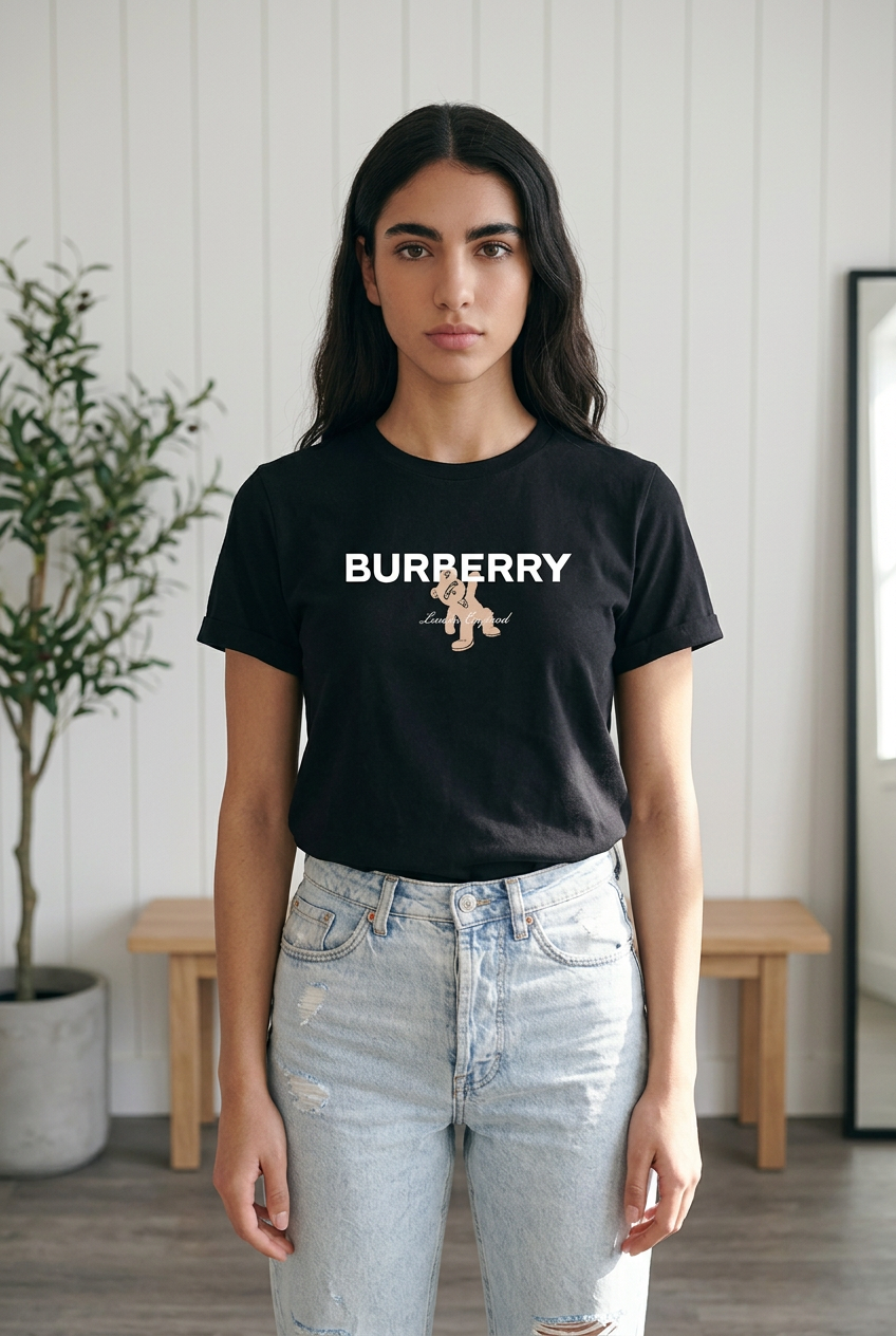 Camiseta Burberry Thomas Bear Logo Blanco Negra Mujer - Manga Corta Tela Fría