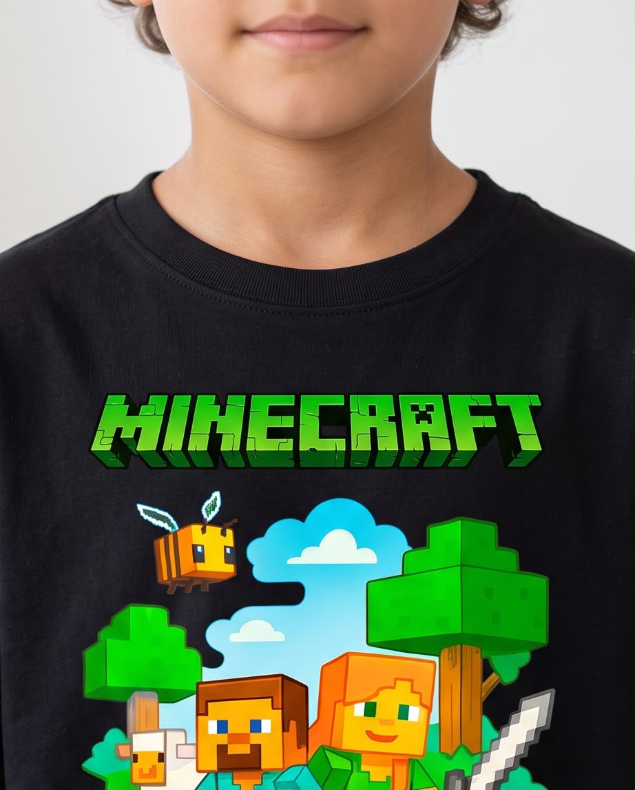 Camiseta Minecraft Steve Alex Aventura Verde Negra Niño - Niños Oversize