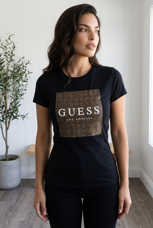Camiseta Guess Los Angeles Monograma Caja Camel Negra Mujer - Manga Corta Tela Fría