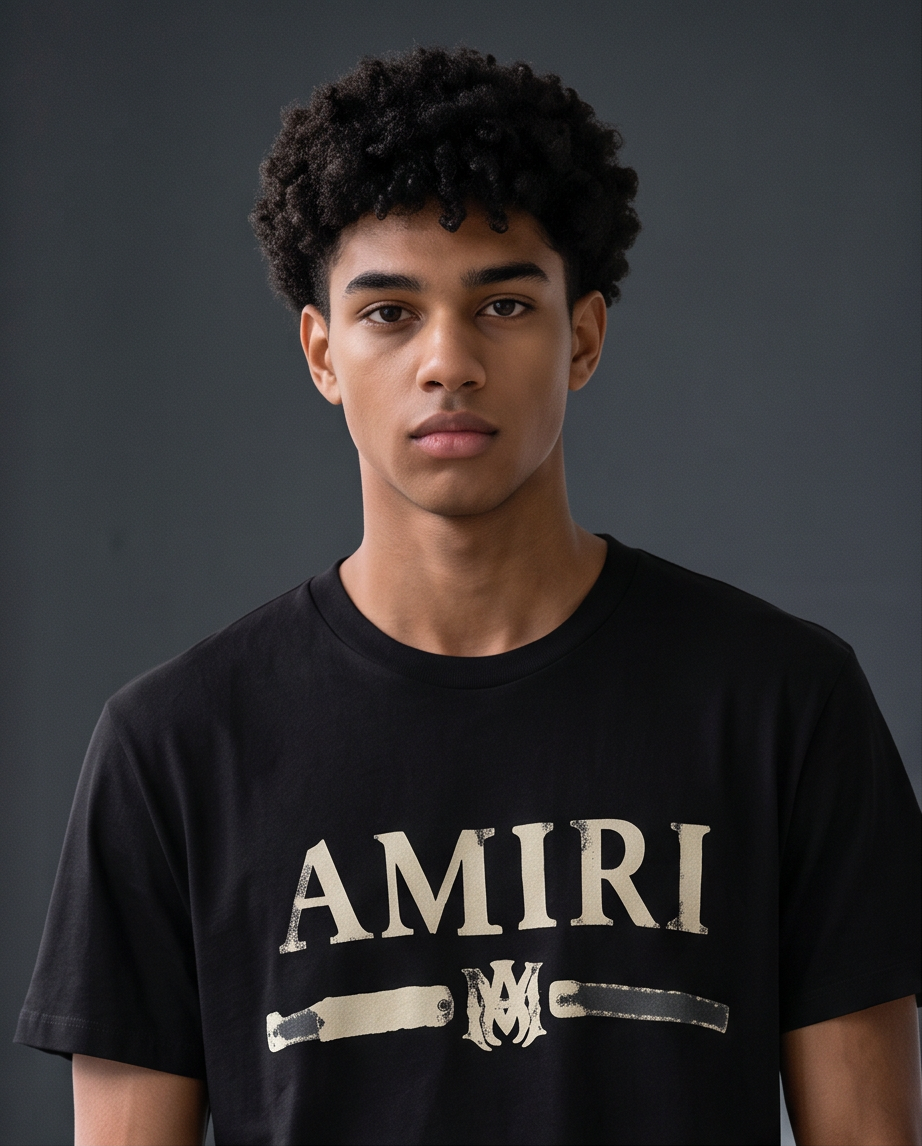 Camiseta Amiri Logo Bar Beige Negra Hombre - Manga Corta Algodón