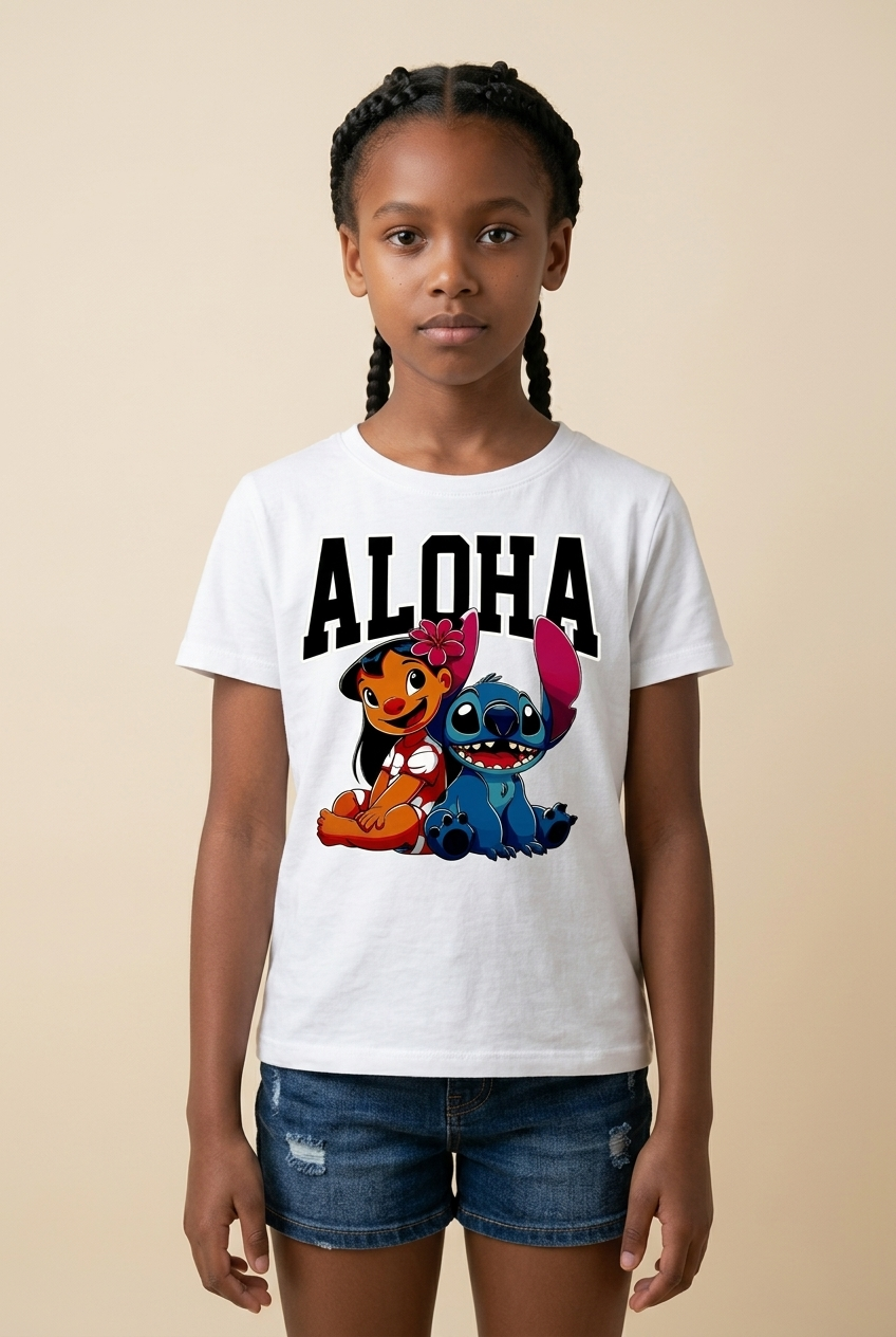 Camiseta Aloha Lilo Stitch Duo Blanca Niña - Manga Corta Algodón Infantil