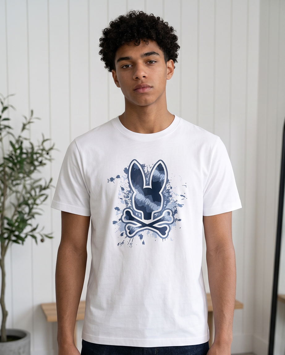 Camiseta Psycho Bunny Logo Splash Azul Marino Blanca Hombre - Manga Corta Algodón
