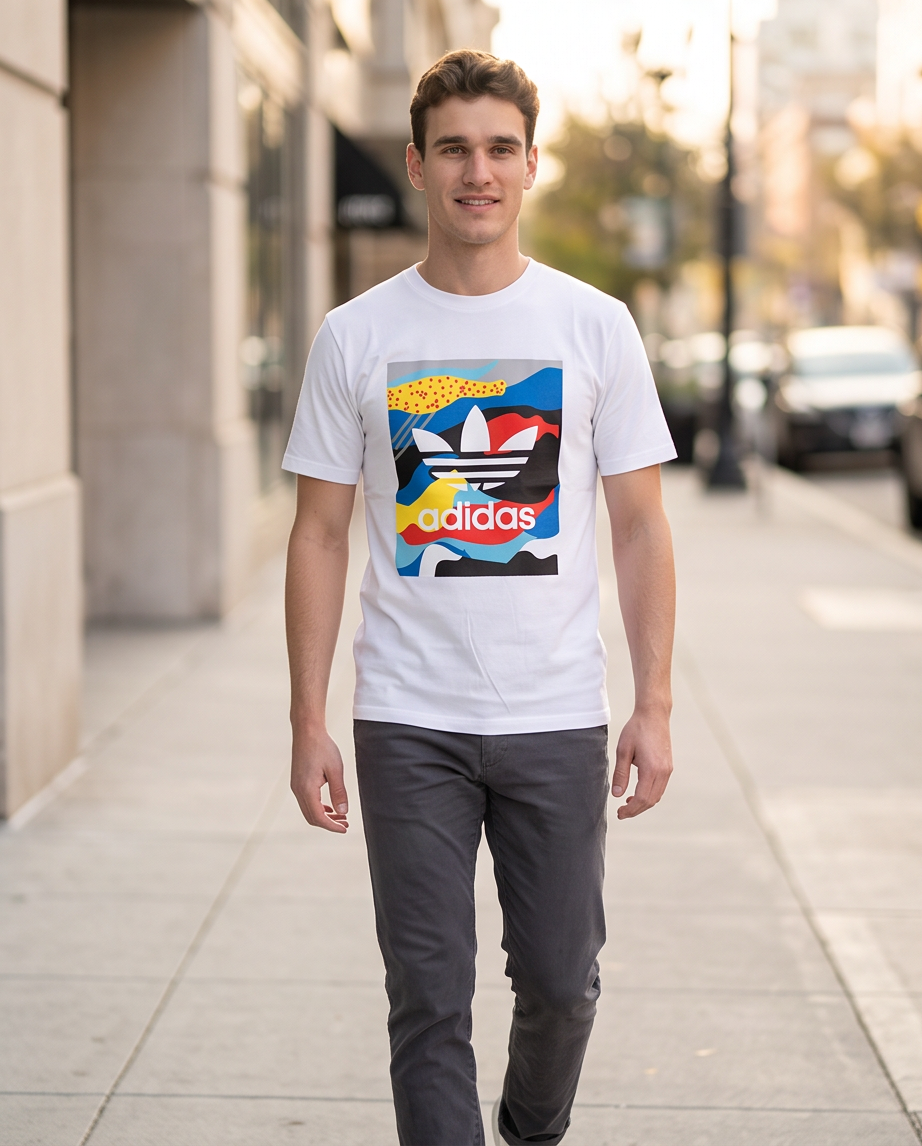 Camiseta Adidas Trebol Paisaje Abstracto Blanca Hombre - Manga Corta Algodón