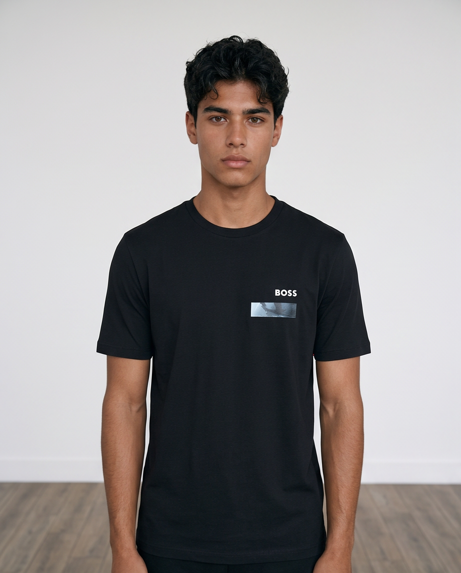 Camiseta Hugo Boss Logo Pecho Recuadro Foto Negra Hombre - Manga Corta Algodón