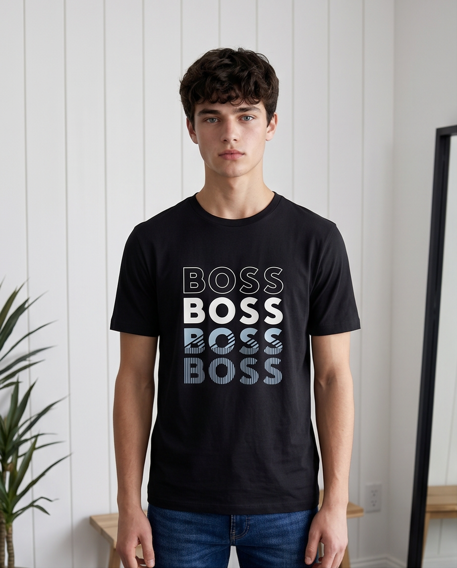 Camiseta Hugo Boss Logo Repetido Degradado Negra Hombre - Manga Corta Algodón
