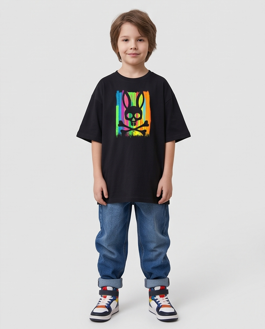Camiseta Psycho Bunny Rayas Neon Multicolor Negra - Niños Oversize