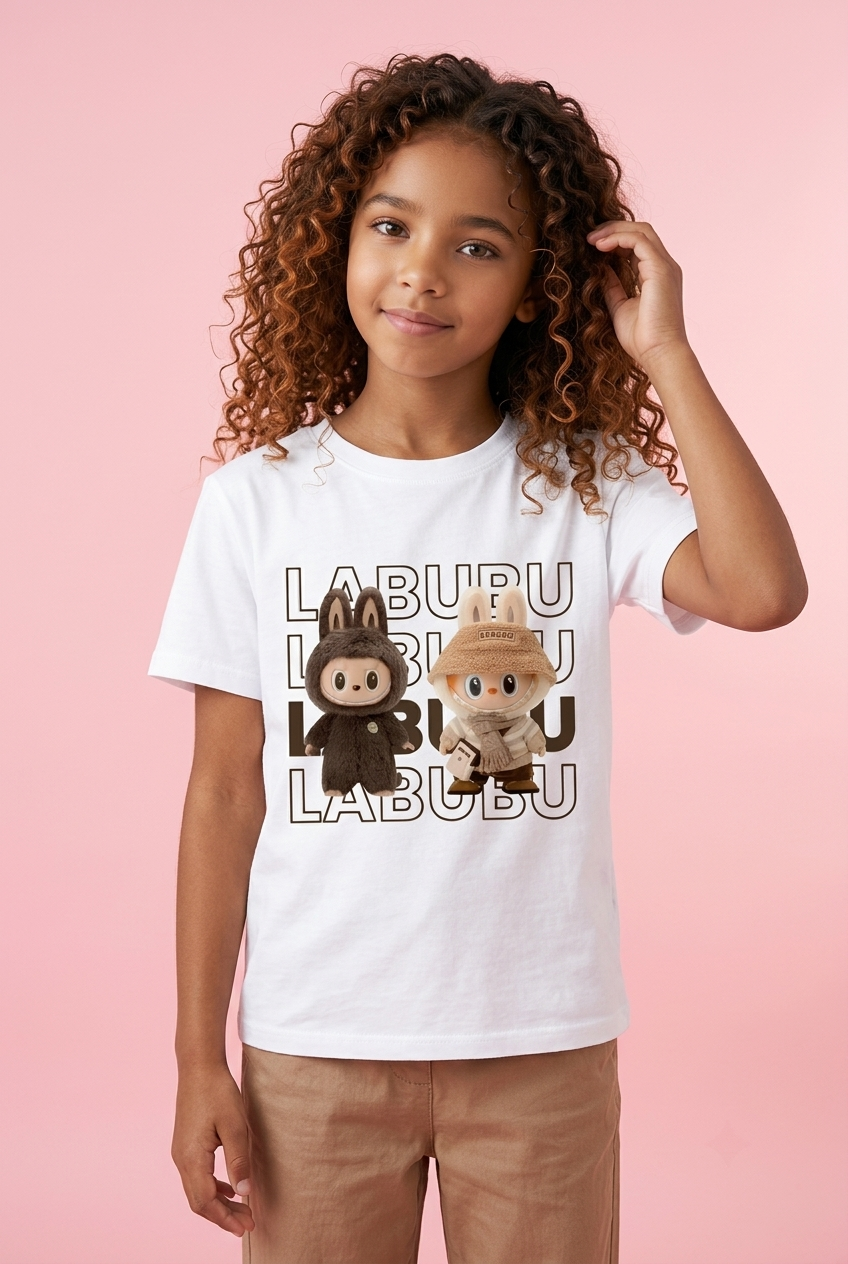Camiseta Labubu Duo Explorador Tipografia Negra Blanca Niña - Manga Corta Algodón Infantil