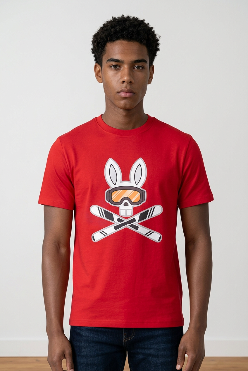 Psycho Bunny Camiseta Alpine Ski Bunny Roja Hombre - Manga Corta Algodón