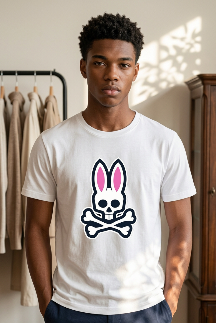 Camiseta Psycho Bunny Logo Clasico Blanco Negra Hombre - Manga Corta Algodón