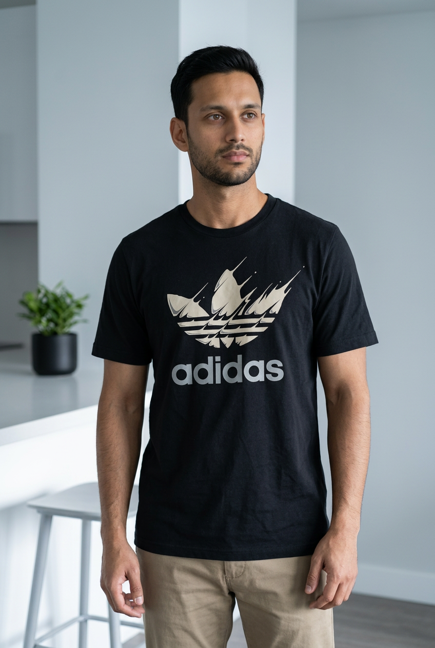 Camiseta Adidas Trebol Beige Pincelado Negra Hombre - Manga Corta Algodón